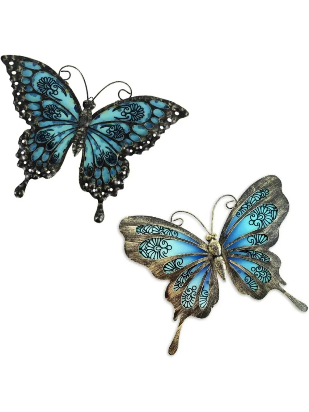 Set of 2 Metal Butterfly Wall Decor - 12” Hanging Glass Garden Ornaments